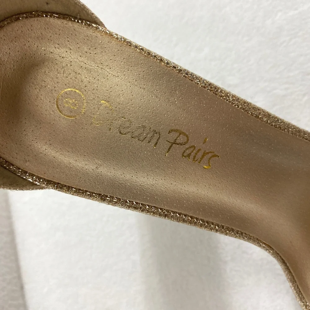 Womens Gold Glitter Ankle Strap Block Heels Size 8 Open Toe Sandals Party Shoes